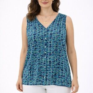 J. Jill Blue Teal Geometric Print Sleeveless Blouse L Large V-Neck Button Front